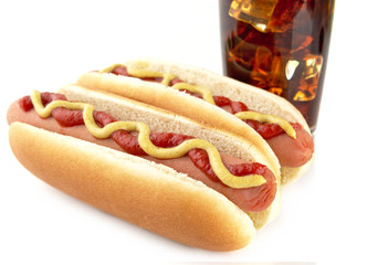 American hotdogs with cola drink isolated on white