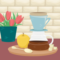 Flat vector hario with a yellow apple in the interior. Alternative methods of brewing coffee. Coffee culture.