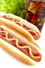 American hotdogs with cola drink,salad isolated on white