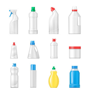 House cleaning plastic products realistic mockup set vector isolated. Cleaning products for home, household. Plastic bottles differents shapes template for household chemicals bleach, spray, gel