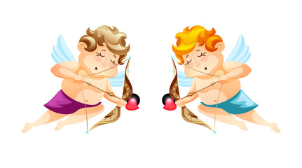Obraz na płótnie Canvas Happy valentine day. Two cute funny cupids with bow and arrow heart shaped. Little god eros. Cupid love amur cartoon illustration