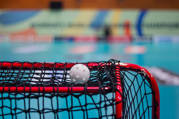 Floorball ball on the goal net 