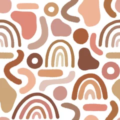 Foto op Plexiglas Moderne hand getekende naadloze patroon. Diverse abstracte vormen en regenbogen in pastelkleur. Trendy geometrie achtergrond. © YulianaHoncharuk