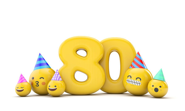 Number 80 emoji birthday party celebration. 3D Render