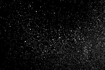 White Grainy Texture Isolated On Black Background. Dust Overlay. Light Coloured Noise Granules. Snow Vector Elements. Digitally Generated Image. Illustration, Eps 10.