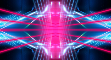 Modern abstract neon background. Blue and pink neon light, rays, lines, abstract light. Empty background, scene, poster. Light tunnel.