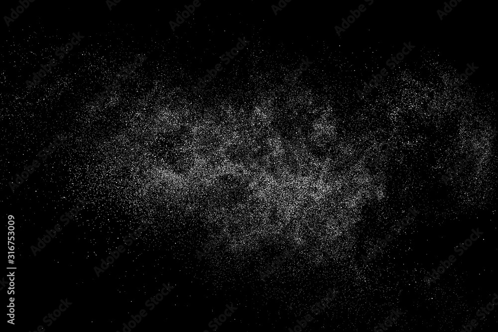 Wall mural White Grainy Texture Isolated On Black Background. Dust Overlay. Light Coloured Noise Granules. Snow Vector Elements. Digitally Generated Image. Illustration, Eps 10.