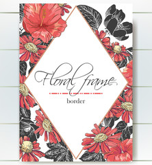 Floral border with sketch black and red blossoms. Frame with hand drawn chamomile and hibiscus.