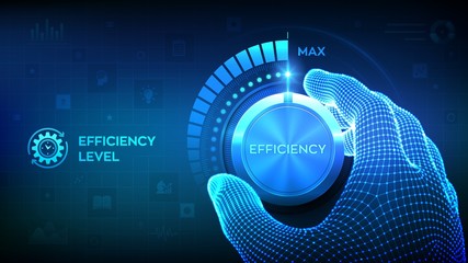 Efficiency levels knob button. Increasing Efficiency Level. Wireframe hand turning a efficiency test knob to the maximum position. Development and growth business concept. Vector illustration.