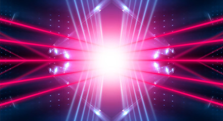 Obraz premium Modern abstract neon background. Blue and pink neon light, rays, lines, abstract light. Empty background, scene, poster. Light tunnel.