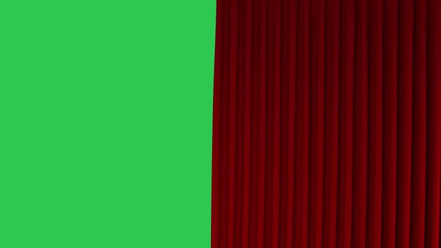 Red waving curtain opening and closing on green screen. 3d rendering, animation of cloth revealing background.