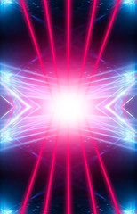 Fototapeta premium Modern abstract neon background. Blue and pink neon light, rays, lines, abstract light. Empty background, scene, poster. Light tunnel.