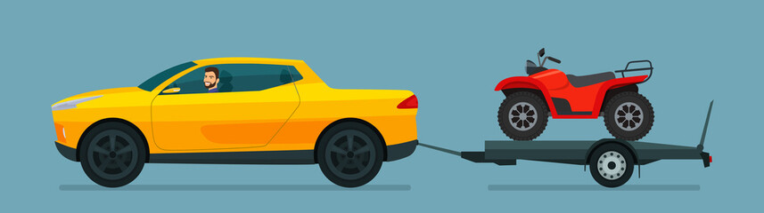 Pickup car tows a trailer with a ATV. Vector flat style illustration.