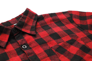 Red & black lumberjack plaid shirt with tartan check pattern. Close up view of scottish style colorful shirt, dark red and black hipster outfit detail for women and men  - Powered by Adobe