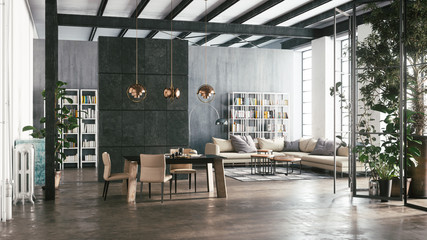 Obraz premium Interior design in the living room. Living room with dining area. 3d illustration