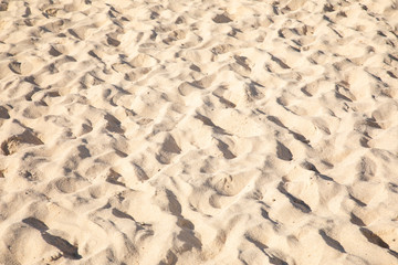 Fine sand texture - Sandy sunny beach for background - Top view - Full frame shot - Close-up sun sand texture on beach in summer – travel holiday vacation Close up