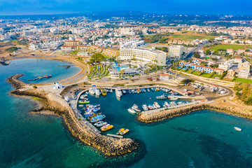 Protaras. Cyprus. Harbor Paralimni. Panorama of Kalamis beach. Bay in the city of Protaras. The beaches of Protaras. Resorts of Cyprus. Yacht parking lot. Cruises in the Mediterranean Sea. Coast