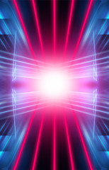 Obraz premium Modern abstract neon background. Blue and pink neon light, rays, lines, abstract light. Empty background, scene, poster. Light tunnel.