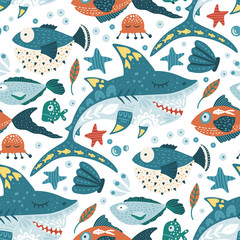 Obraz na płótnie Canvas Seamless vector pattern with cute cartoon funny shark fish in a flat scandinavian style. Kid underwater fabric graphic illustration on a white background. Baby shark Doo Doo Doo.