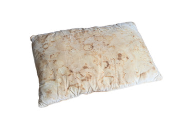 Old dirty pillow with saliva stain and fungus cause of illness, isolated white background with clipping path