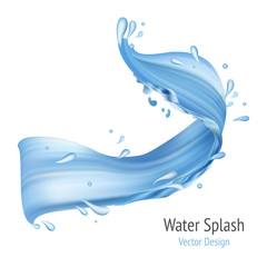 Blue water vector realistic splash isolated on white background. 3d splashing liquid wave illustration. Abstract freshness shape.