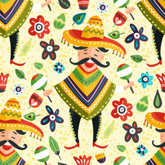Mexican happy man in sombrero hat with maracas vector seamless pattern. Traditional Mexico cartoon flat illustration. Cinco de mayo latin party card.