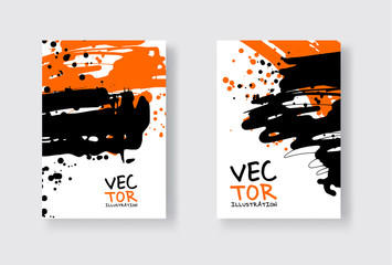 Black and orange abstract design set. Ink paint on brochure, Monochrome element isolated on white.