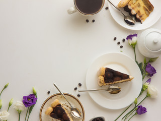 Slice of  Tiramisu dessert .  Fresh Birthday Cake. Isolated on white. Room for text. Clipping Path.  Valentines day, mothers day, womens day, wedding concept. Flat lay, top view, copy 