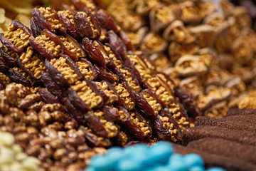 Turkish sweets, baklava, baskets with nuts, dates, dried citruses