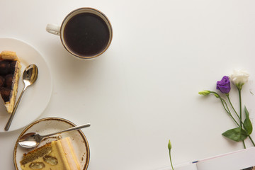 Slice of  Tiramisu dessert .  Fresh Birthday Cake. Isolated on white. Room for text. Clipping Path.  Valentines day, mothers day, womens day, wedding concept. Flat lay, top view, copy 
