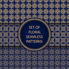 Golden blue floral seamless backgrounds. Compilation of patterns