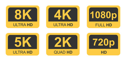 Golden 8K, 4K, 5k Ultra HD Video Resolution Icon Logo; High Definition TV / Game Screen monitor display Label - obrazy, fototapety, plakaty