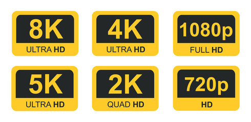 Golden 8K, 4K, 5k Ultra HD Video Resolution Icon Logo; High Definition TV / Game Screen monitor display Label