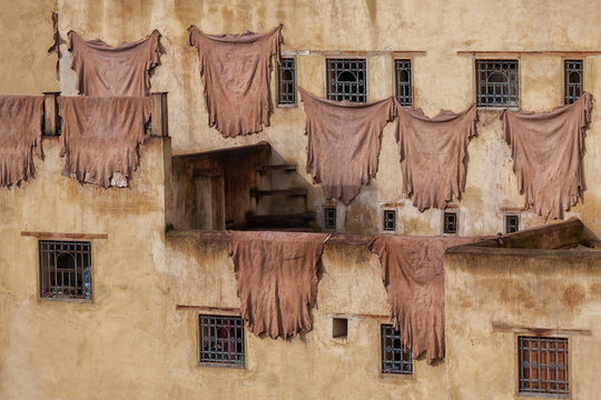 Animal skin hang outside a building in the tanneries in Fez, Morocco.