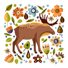 Cute cartoon moose vector animal square card. Brown elk card in a flat style. Woodland childish illustration with botanical foliage and flowers.