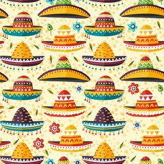 Sombrero hat Mexican vector background. Cartoon flat seamless pattern. Cinco de mayo fiesta symbol.