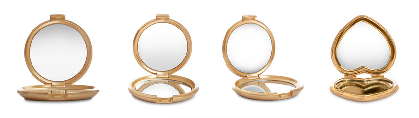 Set of different compact mirrors on white background