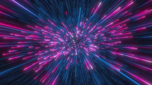 Looped animation. Interstellar travel through space and time at the speed of light. Bright neon blue, red and violet laser beams on dark background. Colorful fireworks. 3d rendering.