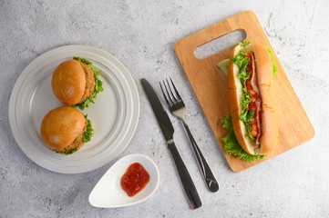 Appetizers with hamburgers and hotdog