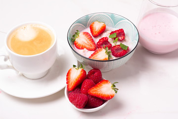 dessert with strawberries and cream close up