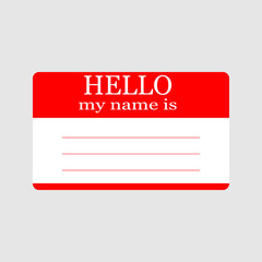 Badge or register card Hello my name is in flat style isolated on white background. 