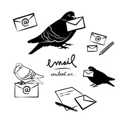 Mail icons, collection of vector homing pigeon delivering email, mail or letters, hand drawn design with