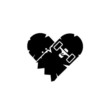 Broken skateboard heart silhouette icon. Clipart image isolated on white background