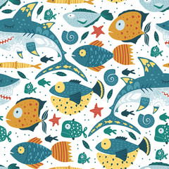 Seamless vector pattern with cute cartoon funny shark fish in a flat scandinavian style. Kid underwater fabric graphic illustration on a white background. Baby shark Doo Doo Doo.