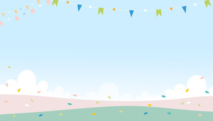 Vector cute cartoon spring background with copysace on green field with leaves falling in pastel colour, Minimal background for Spring or Summer time banner and greeting Card