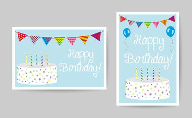 Happy Birthday card with party elements, cake and candles 