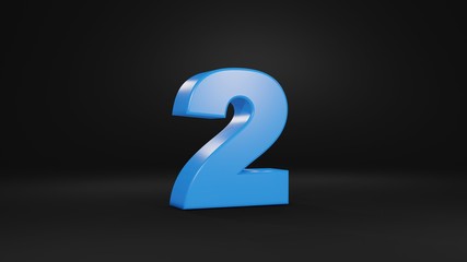 Number 2 in blue on black background, 3D illustration