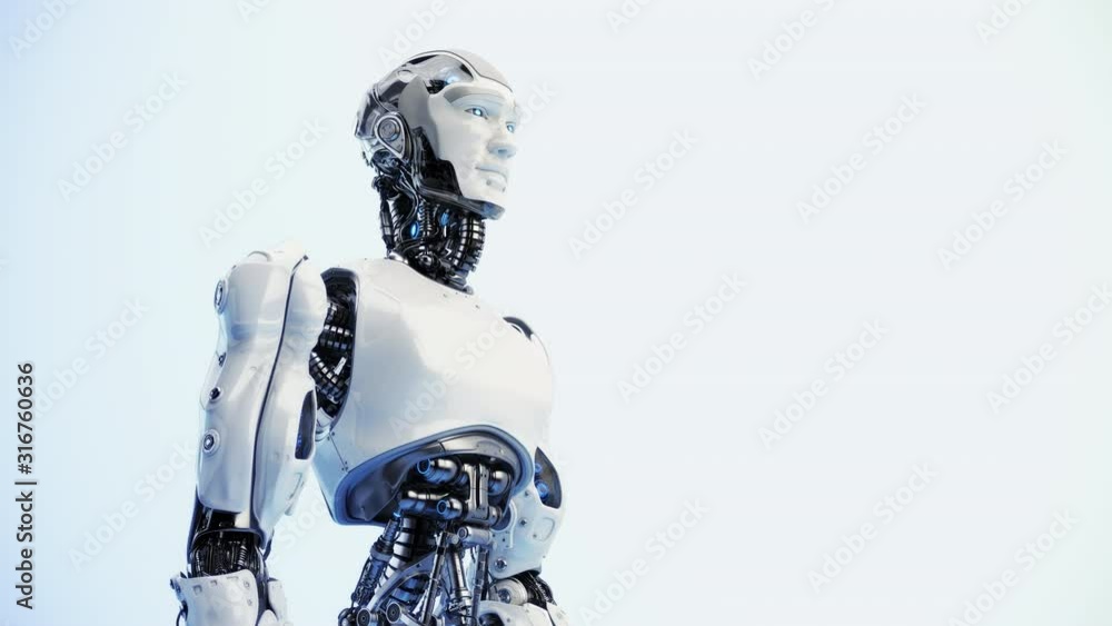 Poster robot man in active mode, muting the underneath skeleton with visible mask-shield , 3d rendering