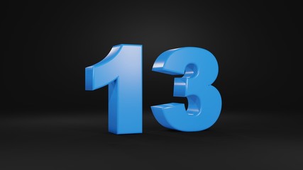 Number 13 in blue on black background, 3D illustration