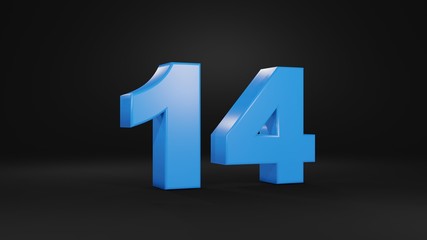 Number 14 in blue on black background, 3D illustration